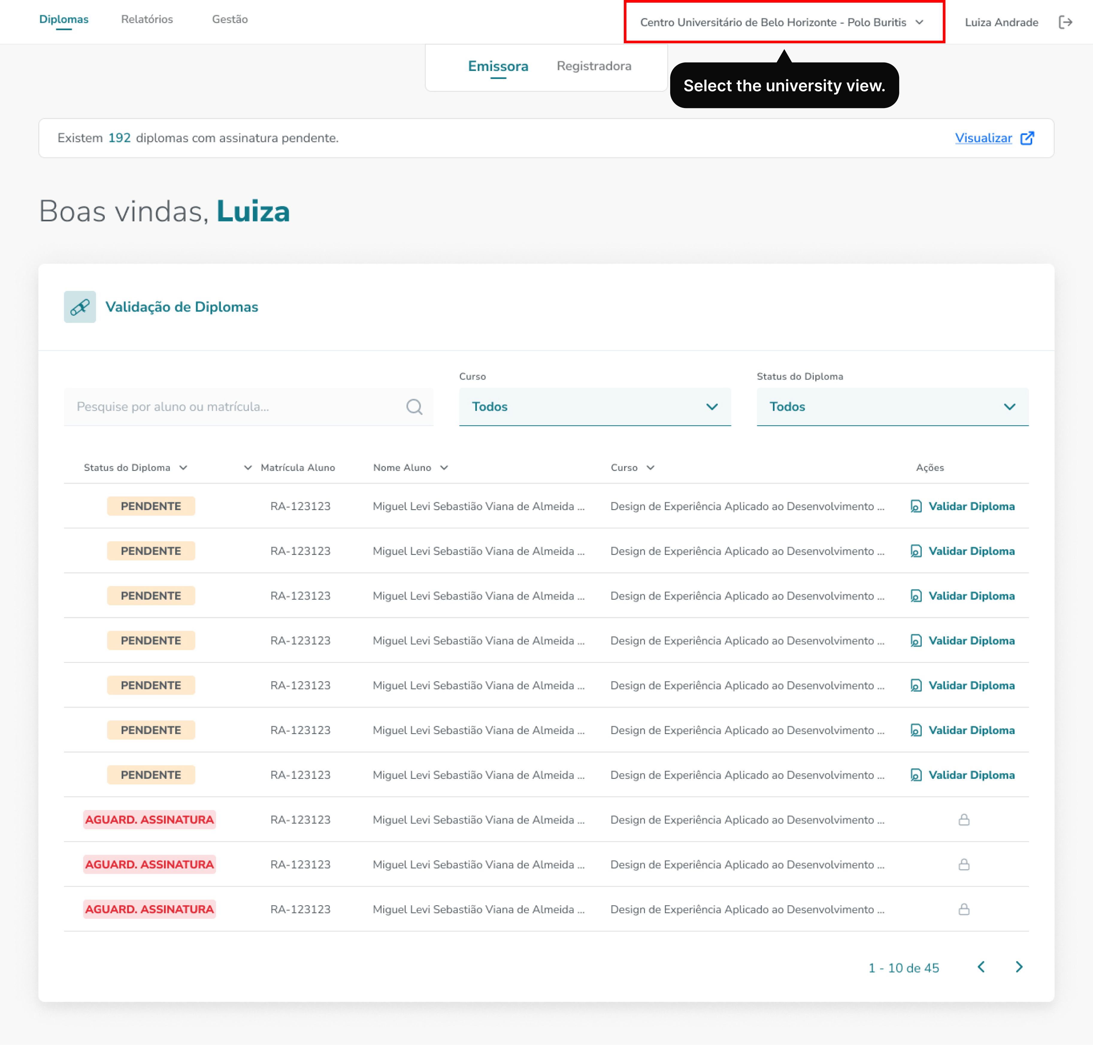 First version of the prototype showcasing a menu component for selecting the university view.