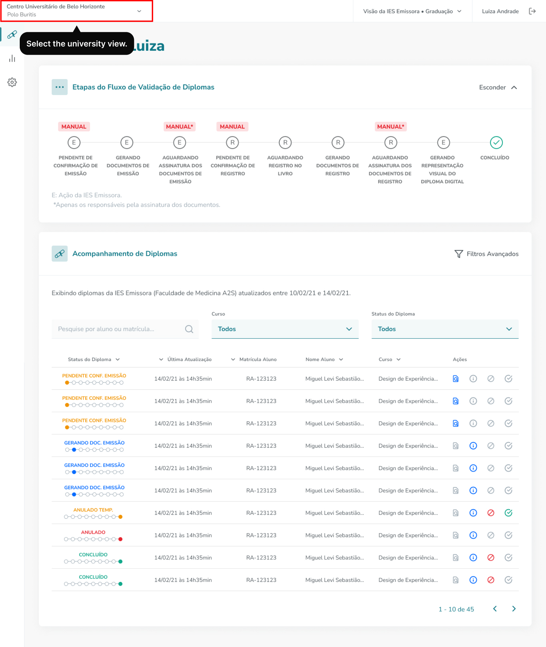 Second version of the prototype showcasing a menu component for selecting the university view.