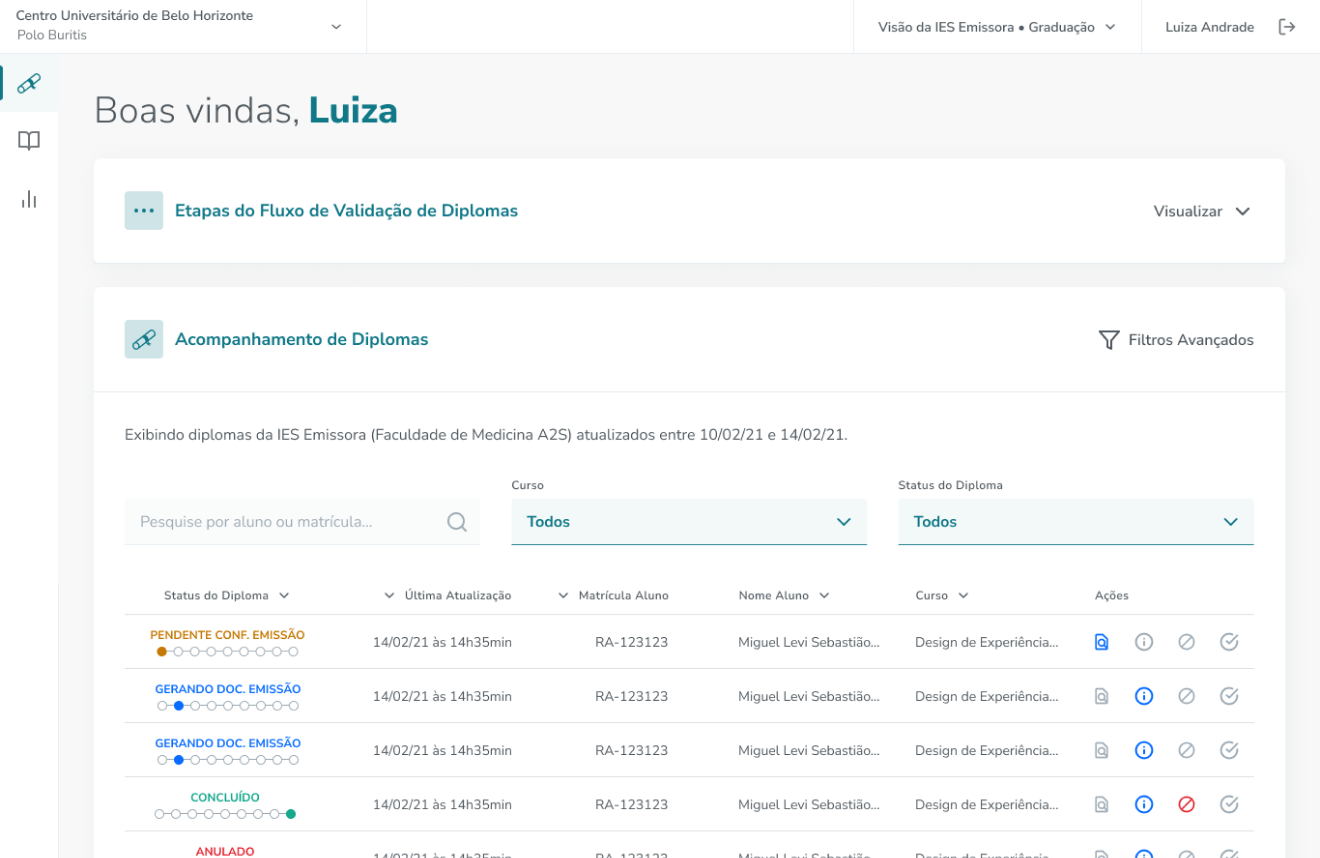 An overview of Anima's initial page, which displays a list of diplomas waiting to be validated by the user.